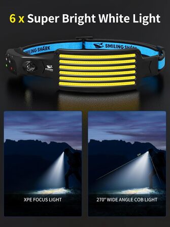 Налобний ліхтар Smiling Shark 2 шт. з широким кутом, 6 LED, яскраве біле світло, водонепроникний, акумуляторний, для кемпінгу, бігу, риболовлі