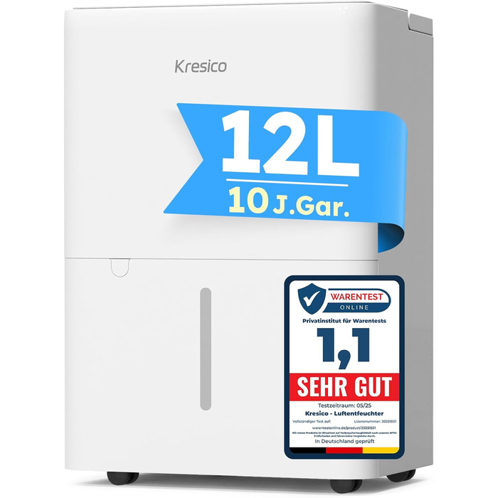Електричний осушувач повітря Kresico 12L - для підвалів та приміщень до 122м³, 35dB, з шлангом, фільтром, таймером, 10 років гарантії