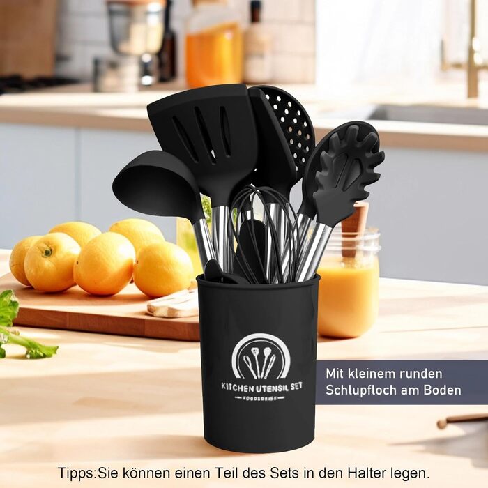 Набір кухонних помічників 45 предметів: силіконове кухонне приладдя, тримач, вінчик з нержавіючої сталі, половник, лопатка, придатне для миття в посудомийній машині, чорний