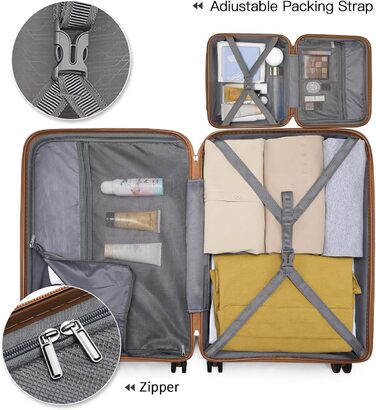 Чемодан для подорожей на 4 колесах, міцний та легкий, TSA-замок, YKK-блискавка, тихі колеса, ручна поклажа з косметичкою (Синій/Коричневий, косметичка)