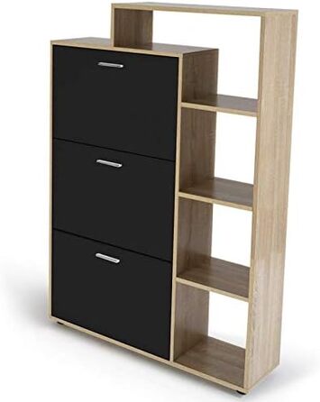 Shoe cabinet KLARK for 18 pairs, beechwood imitation finish, 3 black doors with shelf