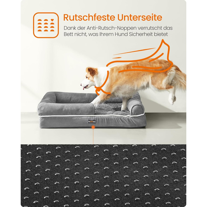 Ортопедичне ліжко для собак Feandrea, м'яке, з піднятими бортиками, 91 x 68 x 18 см, сірий колір, знімний чохол, неслизьке дно