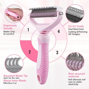 Щітка для собак та котів, гребінець для тварин з нержавіючої сталі 12+23 зубці, двостороння для видалення шерсті та розплутування, для дому (L, вишня, рожевий)