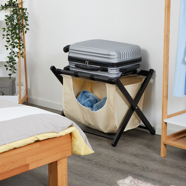 Relaxdays Black Luggage Rack with Laundry Bag