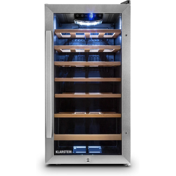 Витримання вина Klarstein Vivo Wine 26 - винний льох на 26 пляшок, 88 л, LED, регулювання температури, мінливий петельний механізм, двері з обох сторін, нержавіюча сталь, сріблястий колір