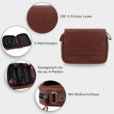 Gusti Pipe Pouch Leather - Rupert for 4 pipes, extra tobacco compartment, interior made of natural rubber, brown leather