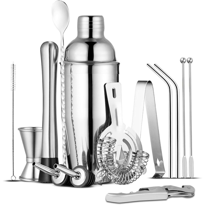 Набір бармена з нержавіючої сталі 14 предметів, 750 мл - професійний, для приготування коктейлів, барний інструмент, подарунок