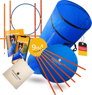 Набір для аджиліті для собак PfotenWunder® '9-in-1: 6 шлагбаумів, тунель, кільце, 1 перешкода. Для великих і малих собак. Тренування, спорт, ігри. Комплектація M-Set: шлагбаум, перешкода, кільце, тунель.