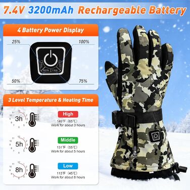 Греючі рукавиці для чоловіків та жінок, 7.4V 3000mAh, акумулятор, сенсорний екран, для катання на лижах, кемпінгу, їзди на велосипеді, 3 рівні нагріву