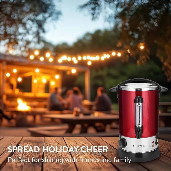 Navaris Mulled Wine Warmer Hot Water Dispenser - Stainless Steel - 6.8L - with Thermostat, Fill Level Indicator, and Tap - Mulled Wine Hot Beverage Machine Red