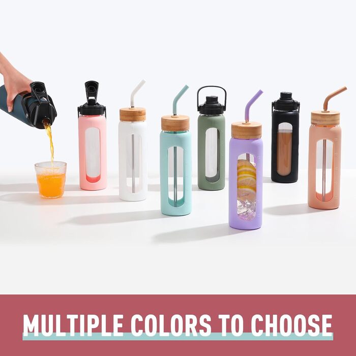 BLUEGO Glass Water Bottle - Sport Water Bottle with 2 Lids and Straw Leak-Proof Glass Bottle with Time Marker and Measuring Scale BPA Free, (Pink, 700ml)
