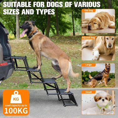 Сходинки для собак на 5 сходинок, розкладні – пандус для собак, витримує до 100 кг, регульована висота 44-72 см, щадна для суглобів, антиковзка, для маленьких, середніх та великих собак