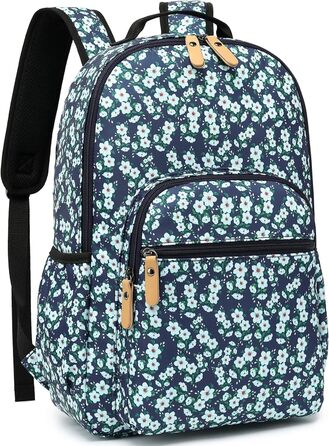 Шкільний рюкзак Leaper з квітковим принтом, сумка-рюкзак, сумочка для книг, дамська сумка 42 л, темно-синій з білим, 2 шт.