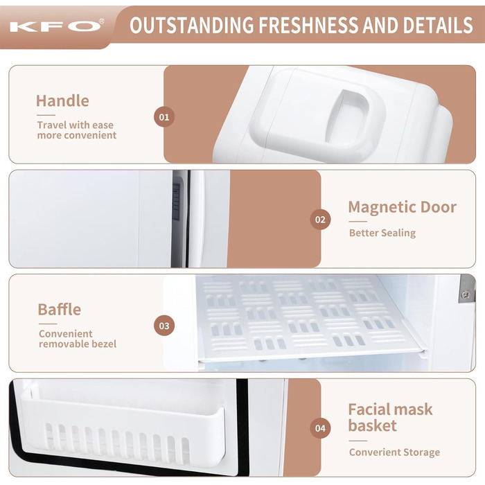 Міні-холодильник KFO 4L, тихий (20dB) з LED-дзеркалом для косметики та напоїв, 220V/12V, термоелектричний, білий