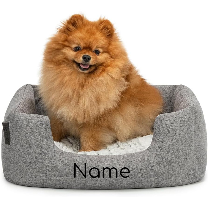 Lionto Dog Cuddle Bed with Fluffy Reversible Cushion, Cozy Pet Bed in a Marbled Design with Deep Entry for Dogs & Cats of All Sizes, 80x60 cm, Soft Dog Bed, (Grey, L 60 x W 50 x H 22 cm (with name imprint))