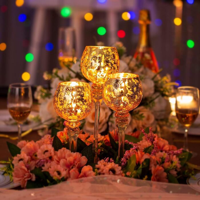 Romadedi Tealight Holder Candle Stand Glass - Lantern Tealight Holder Decoration Queck 3-Piece Set 23.5/25.5/31.5 cm for Tealights, Votive Candles, Pillar Candles, Living Room Table Decoration, Wedding (Gold)