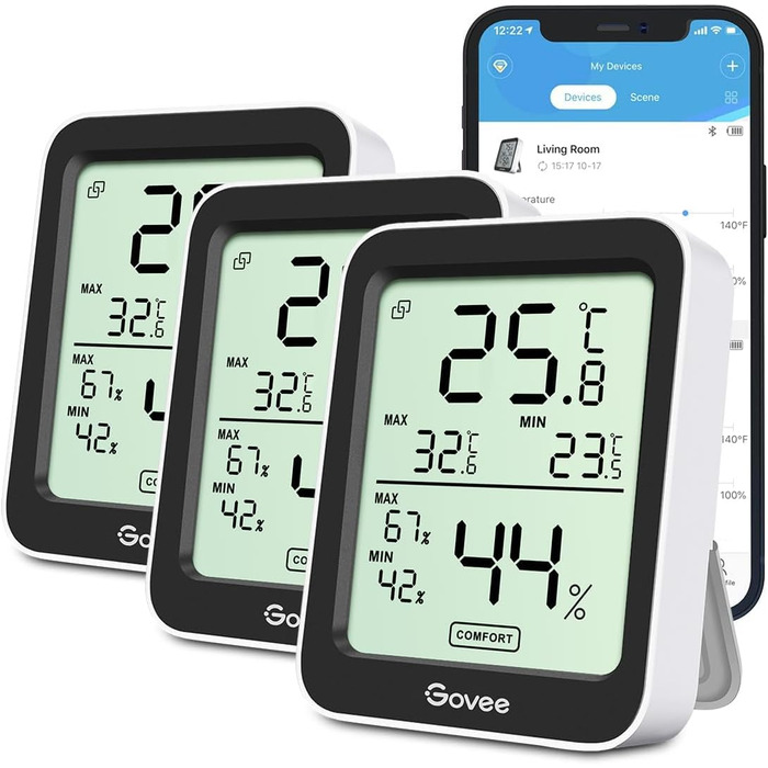 Govee Thermometer Hygrometer, Mini LCD Digital Thermometer Hygrometer Indoor with Notification Alarm, Precise Hygrometer Temperature with APP, Data Storage for Greenhouse Wine Cellar (3 pack)