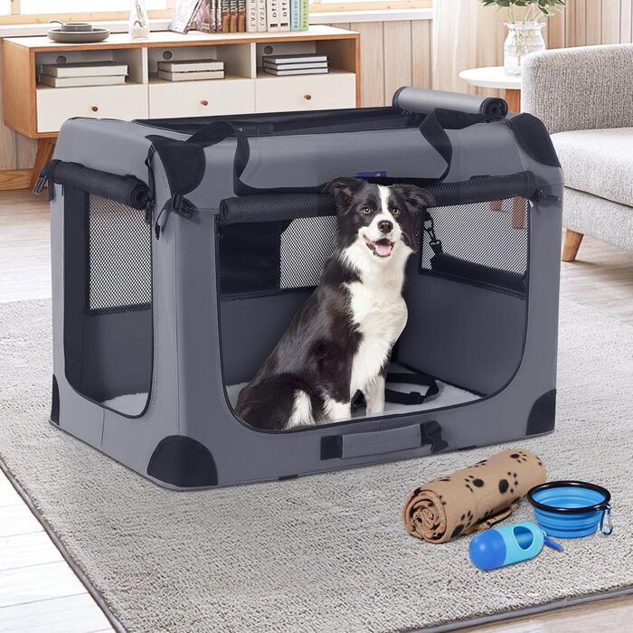 Транспортний бокс для тварин Petprsco з м'якими стінками, для котів та маленьких собак, 3-дверний, складний, з ременями, для подорожей, сірий (81x58x58 см)