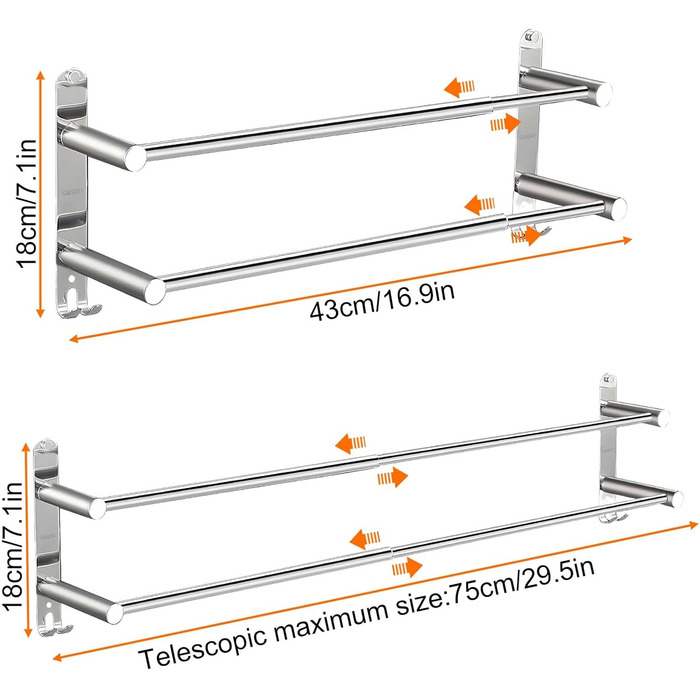 Тримач для рушників настінний з нержавіючої сталі, глянсовий, висувний, 2 стійки, 43-75 см з гачками, для ванної кімнати, монтаж на свердла або на клей - 2 способи встановлення, підходить для ванної та кухні