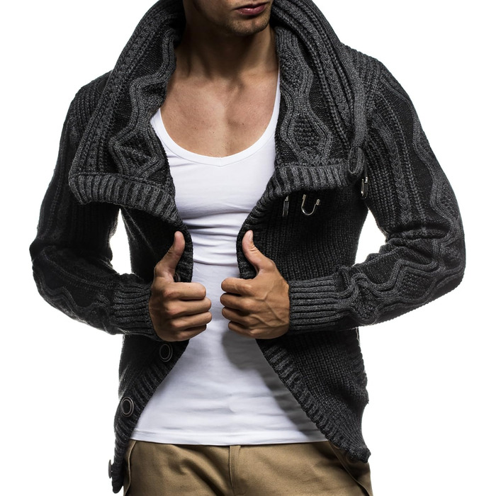 Чоловічий светр Leif Nelson з коміром-шарфом, Slim Fit, теплий, зимовий, великий в'язання, чорний худі-светр з довгими рукавами, XL, антрацит-чорний