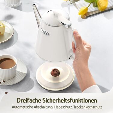 Електричний чайник Hazel Quinn, 1 л, ретро-дизайн, з подвійними стінками, нержавіюча сталь 304, 1360W, BPA-free, автоматичне вимкнення, білий перламутровий