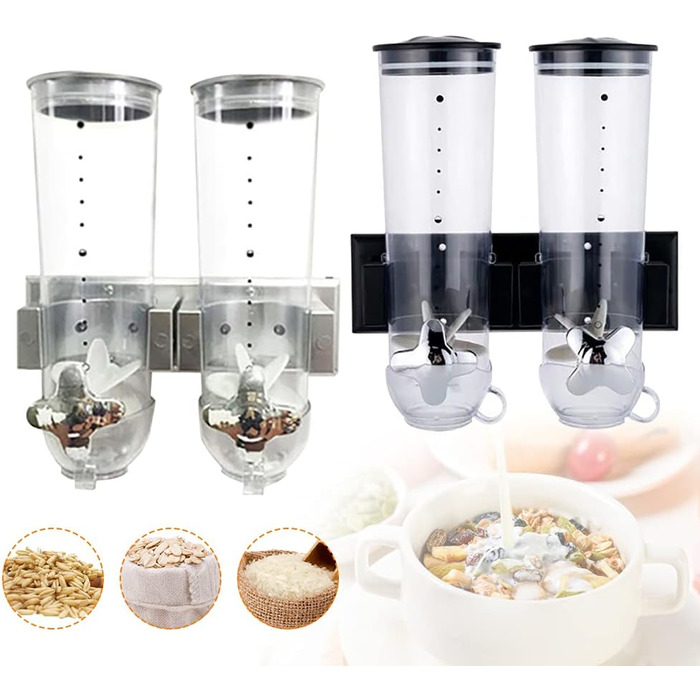 Futchoy CEREAL DISPENSER DOUBLE 3L WALL MOUNT CEREAL DISPENSER CORNFLAKE DISPENSER FOR CEREAL CORNFLAKES SWEETS 29 X 15 X 30 CM (SILVER)