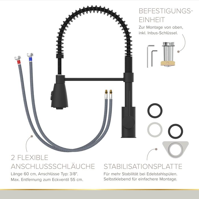 Кухонний змішувач Lenz KALANI² в стилі - з регульованою насадкою для миття посуду – легка установка та висока якість обробки – 46070322 (Для високого тиску, Чорний)