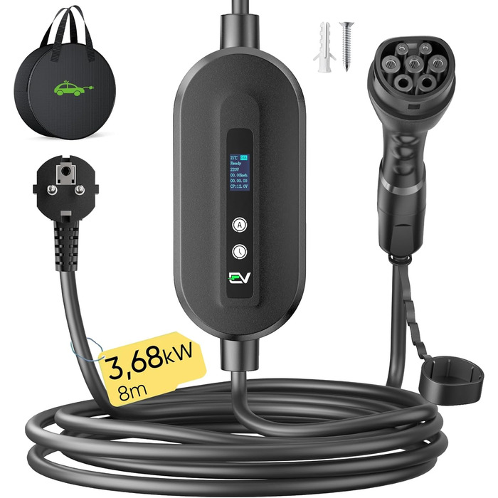 Кабель для зарядки електромобіля EVJUICION, Тип 2 - Schuko, 3.68kW, 8м, IP67, 6-16A, для ID.3, ID.4, X1, Model Y/3, PHEV/EV