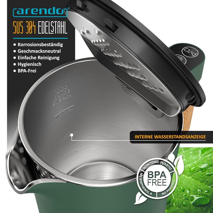 Електричний чайник Arendo з регулюванням температури (45°C-100°C), 1.5 л, з подвійними стінками, без BPA, з функцією підтримання тепла, зелений