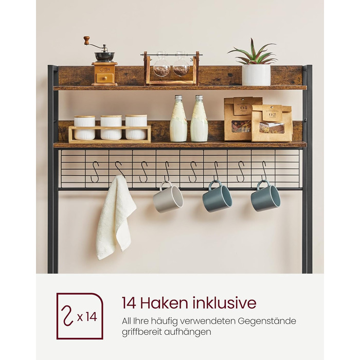 Стелаж кухонний VASAGLE з розетками, для мікрохвильової печі, з решіткою, 14 гачків, антрацит-чорний (40 x 100 x 170 см, Вінтаж-коричневий + Чорний)