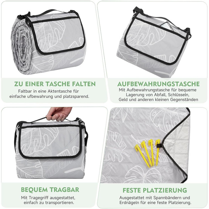 Плед для пікніка HAUSPROFI 200x300 см, водонепроникний, ізольований, XXL. Для пікніка, пляжу, кемпінгу. З бавовняним наповнювачем, ручкою для перенесення та кілочками. З миючим та стійким до деформації дизайном (листя)