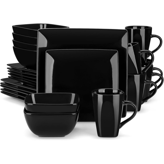 Vancasso Dinnerware Set, 24 Piece Stoneware SOHO Square Dish Set for 6 People, Combination Set, Square 24 Piece Black