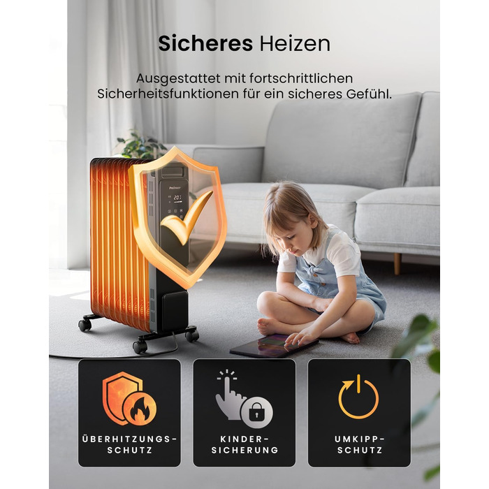 Електричний масляний радіатор Pro Breeze 2500W з 11 ламелями. Розумна система опалення, 3 режими, термостат, Wi-Fi, таймер 24 години, сенсорне керування, захист від перегріву. Білий.