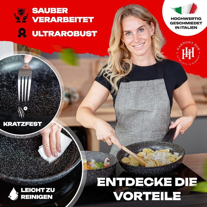 Сковорода HARMONY HUB 28 см з антипригарним покриттям – індукційна сковорода з індикатором нагріву, для всіх типів плит, довговічна, без PFOA, чорна