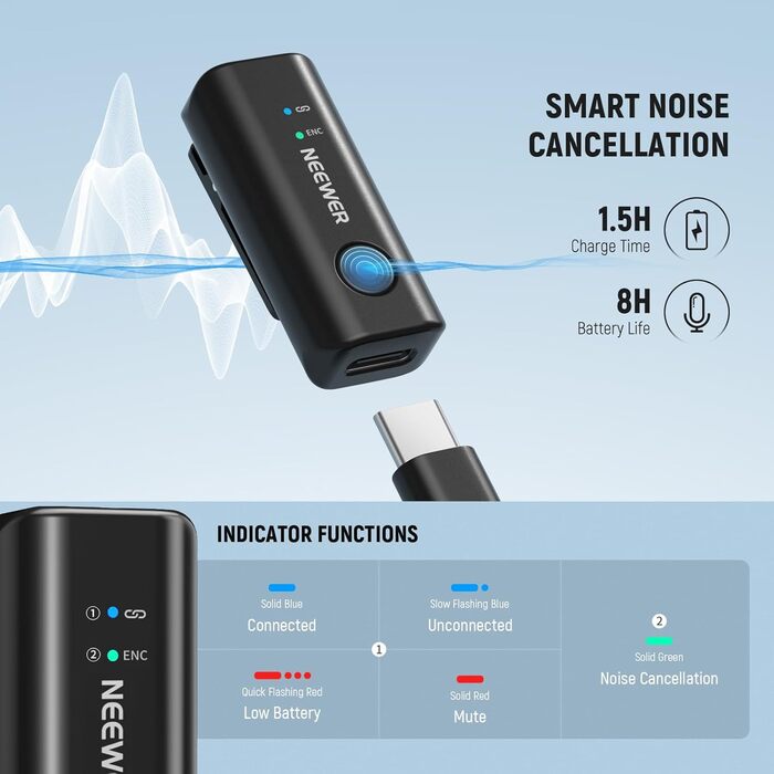 NEEWER Бездротовий петличний мікрофон KM23B: 48kHz/24Bit, 8 годин роботи, шумозаглушення, USB-C, сумісний з DJI, Insta360, iPhone, Android, PC