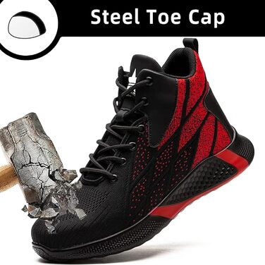 Черевики безпеки легкі чоловічі/жіночі, робоче взуття, високі, зі сталевим носком, дихаючі, антиковзаючі, 35-48 EU (35 EU, Червоний)