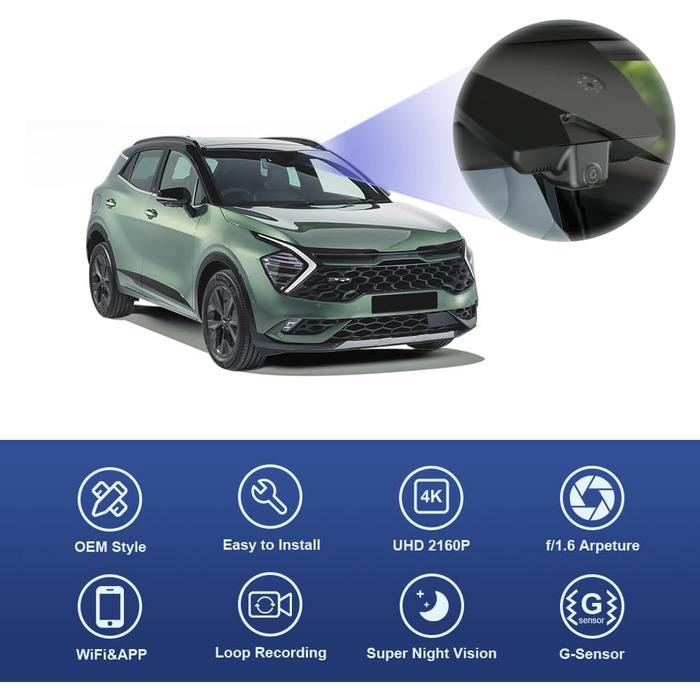 Автомобільний відеореєстратор Fitcamx 4K UHD для Kia Sportage 2022-2025 (5-те покоління), WiFi, нічна зйомка, G-сенсор, Plug & Play, OEM аксесуар, 64GB карта пам'яті (передній 4K, задній 1080P)