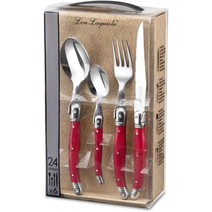 Набір столових приборів для стейка Lou Laguiole TRADITION, 48 предметів, нержавіюча сталь, червоні ручки, на 12 осіб