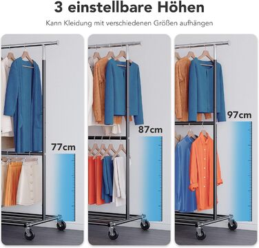 HOKEEPER Heavy-Duty Clothes Rack with Wheels, Up to 150 kg Load Capacity, Durable Clothes Rod with Shelves for Hanging, for Bedroom, Office, Business, Chrome Steel, Black