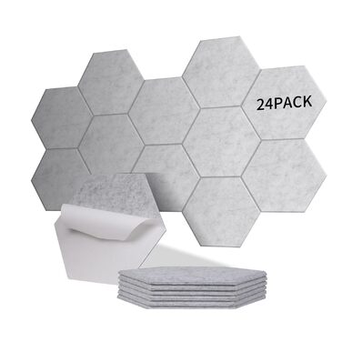 Самоклеючі гексагональні акустичні панелі для шумоізоляції стін та дверей, 24 шт, 1.4м², сріблясто-сірі, 100% поліестер, NRC 0.95