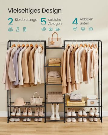 SONGMICS Clothes Rack, Open Wardrobe, Clothes Rail, Coat Rack with Shelves, Metal Wardrobe, Freestanding, Matte Black LGR462B01 (183B cm)