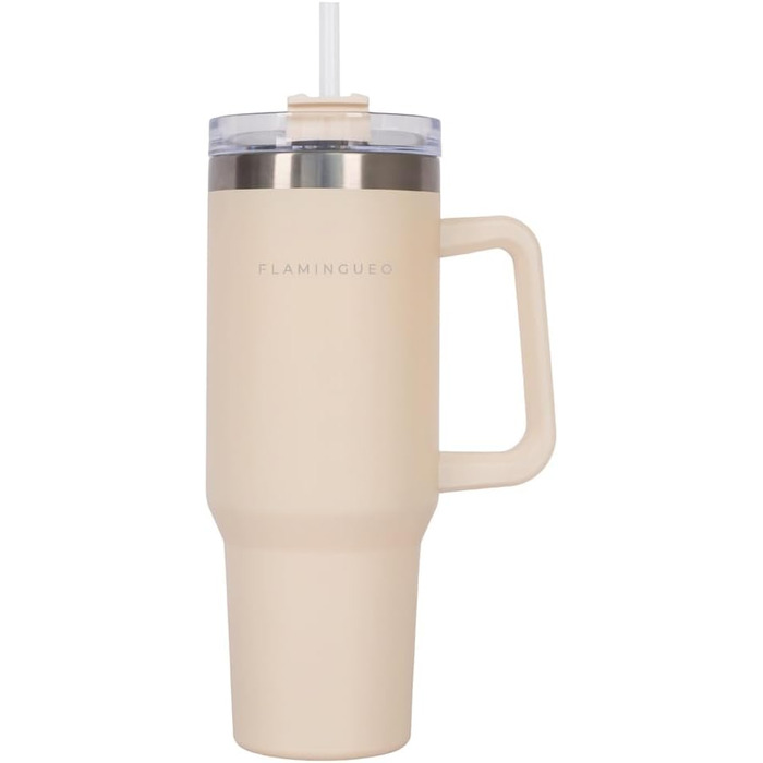 Термокружка з трубочкою Flamingueo - термос, сталева термокружка з ручкою, 1.18L, блакитний (бежевий), зберігає холод 24г, гаряче - 10г