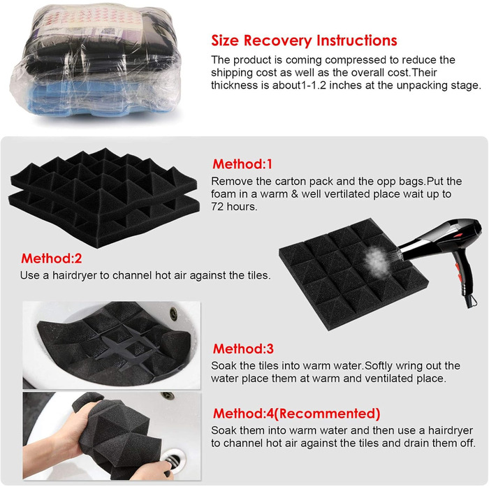 Звукопоглинаючі панелі AGPtEK, акустичний поролон для студії, офісу та кімнати (25 x 25 x 5 см, 24 шт), чорний