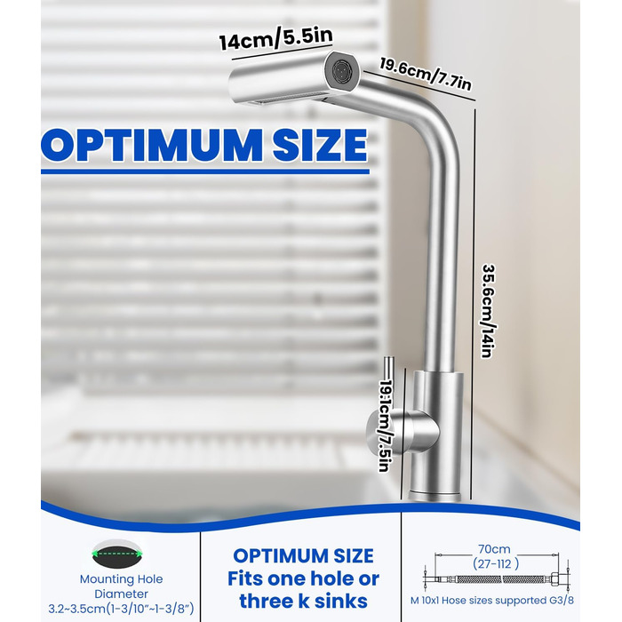 Висувний змішувач для кухні з 4 режимами – нержавіюча сталь, водоспад, високий тиск, 3/8 дюйма, для мийки