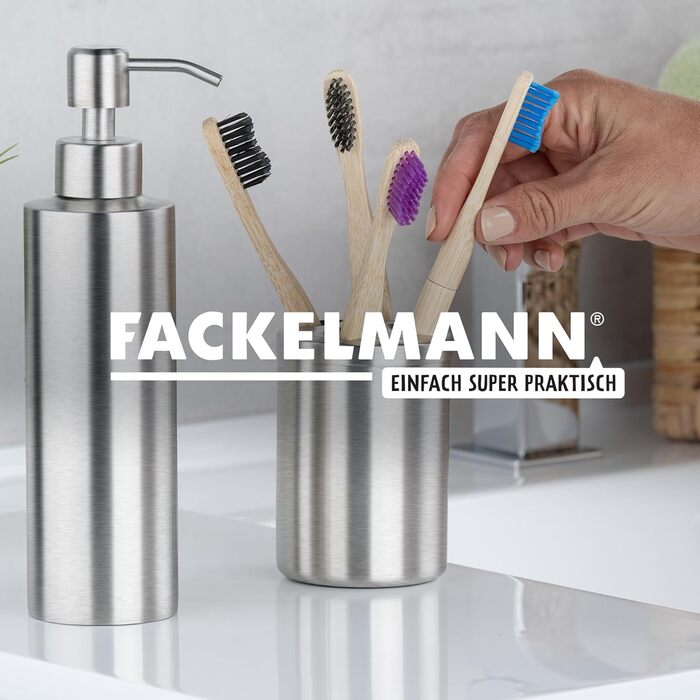 Fackelmann Soap Dispenser & Toothbrush Holder Tecno, dispenser for liquid soap made of high-quality stainless steel, holder for 4 toothbrushes, high-quality toothbrush holder (color: matte silver), quantity: 1 x 2-piece set