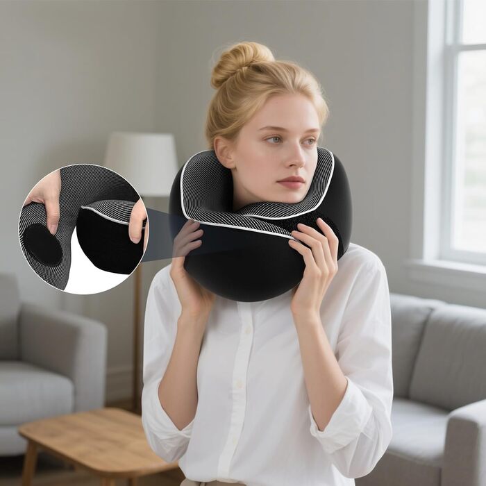 Подушка для шиї у подорожах: Memory Foam, регульована, з навушниками та маскою для сну (Чорний)