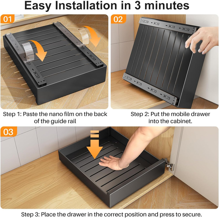 SAYZH Telescopic Drawer, Extendable Drawer Storage Shelves for Kitchen Cabinets, Extendable Pull-Out Drawer (43 Depth x 25 Width x 9 Height cm), No Drilling and Nailing Required