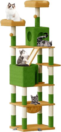 Великий котячий комплекс Kratzbaum 208 см з 3 анти-нахилом, 15 стовпчиками для дряпання, 2 платформами, 2 ховалами, 1 рампою для дряпання та гамаком. Стабільний котячий будиночок для великих котів (зелений + жовтий)