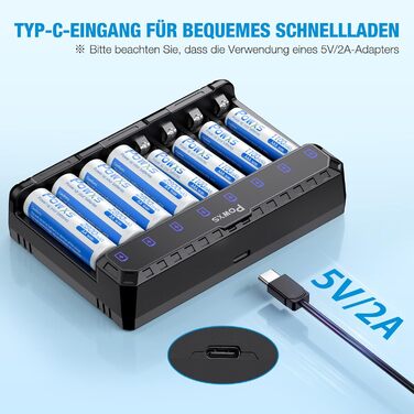 Зарядний пристрій POWXS для акумуляторів AA AAA (NIMH/NICD/Li-ion/Lithium) з LED-дисплеєм та USB-C, 8 слотів, швидка зарядка