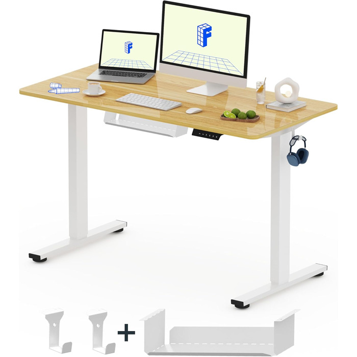 Регульований за висотою стіл FlexiSpot Basic – з органайзером для кабелів, гачками та суцільною стільницею. Ергономічний стіл для дому та офісу (120x60 см, горіх)